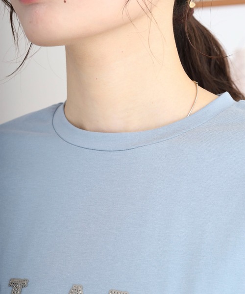 tシャツ EGLANTINE BLANC スパンコールロゴTシャツ メッシュ切り替えバックファスナー半袖カットソー レディース エグランティーヌ EGLANTINE BLANC スパンコールロゴTシャツ