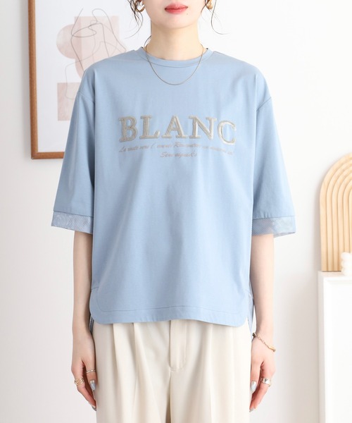tシャツ EGLANTINE BLANC スパンコールロゴTシャツ メッシュ切り替えバックファスナー半袖カットソー レディース セール】EGLANTINE BLANC スパンコールロゴTシャツ メッシュ