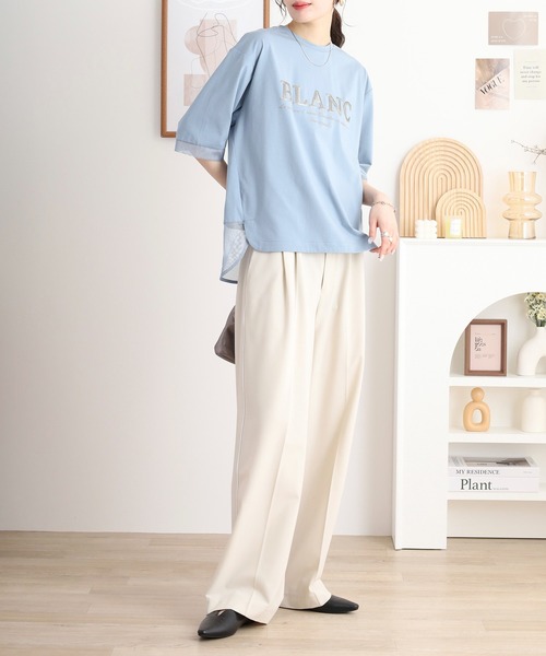 tシャツ EGLANTINE BLANC スパンコールロゴTシャツ メッシュ切り替えバックファスナー半袖カットソー レディース セール】EGLANTINE BLANC スパンコールロゴTシャツ メッシュ