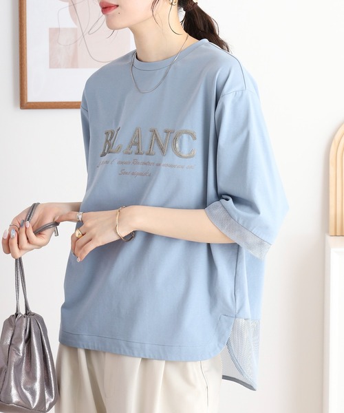 tシャツ EGLANTINE BLANC スパンコールロゴTシャツ メッシュ切り替えバックファスナー半袖カットソー レディース セール】EGLANTINE BLANC スパンコールロゴTシャツ メッシュ