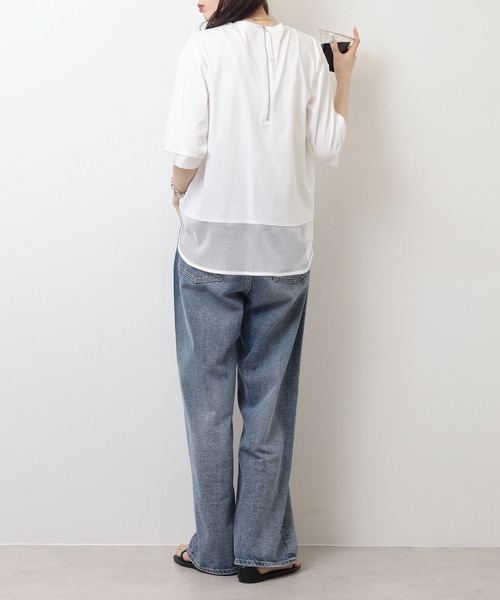 tシャツ EGLANTINE BLANC スパンコールロゴTシャツ メッシュ切り替えバックファスナー半袖カットソー レディース セール】EGLANTINE BLANC スパンコールロゴTシャツ メッシュ