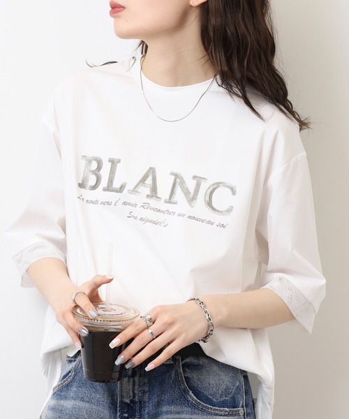 EGLANTINE(エグランティーヌ)の「EGLANTINE ブラウスANC スパンコールロゴTシャツ メッシュ切り替えバックファスナー半袖カットソー(Tシャツ/カットソー・レディース・ブラック/オフホワイト/グレー/ブルー・40)」の5枚目の写真