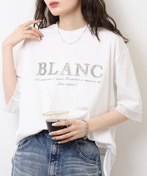 tシャツ EGLANTINE BLANC スパンコールロゴTシャツ メッシュ切り替えバックファスナー半袖カットソー レディース セール】EGLANTINE BLANC スパンコールロゴTシャツ メッシュ