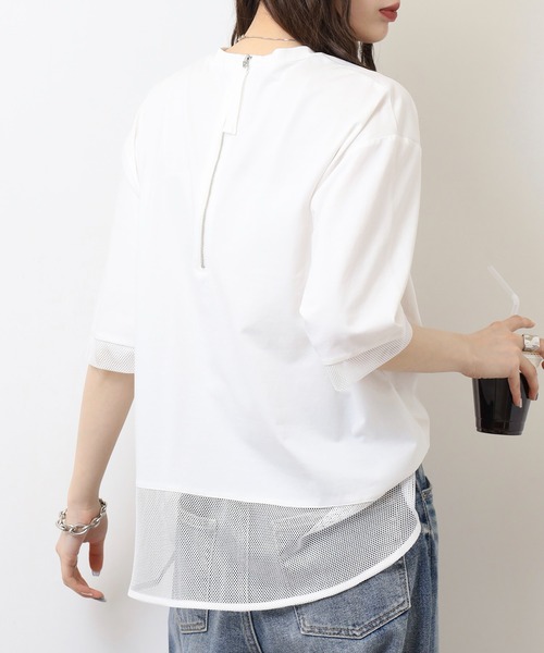 EGLANTINE(エグランティーヌ)の「EGLANTINE ブラウスANC スパンコールロゴTシャツ メッシュ切り替えバックファスナー半袖カットソー(Tシャツ/カットソー・レディース・ブラック/オフホワイト/グレー/ブルー・40)」の7枚目の写真