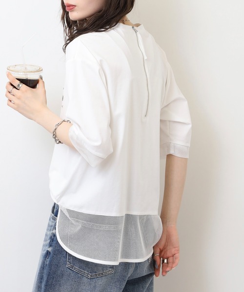 EGLANTINE(エグランティーヌ)の「EGLANTINE ブラウスANC スパンコールロゴTシャツ メッシュ切り替えバックファスナー半袖カットソー(Tシャツ/カットソー・レディース・ブラック/オフホワイト/グレー/ブルー・40)」の8枚目の写真