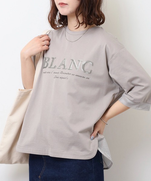 EGLANTINE(エグランティーヌ)の「EGLANTINE ブラウスANC スパンコールロゴTシャツ メッシュ切り替えバックファスナー半袖カットソー(Tシャツ/カットソー・レディース・ブラック/オフホワイト/グレー/ブルー・40)」の17枚目の写真