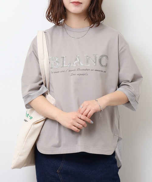 tシャツ EGLANTINE BLANC スパンコールロゴTシャツ メッシュ切り替えバックファスナー半袖カットソー レディース エグランティーヌ EGLANTINE BLANC スパンコールロゴTシャツ