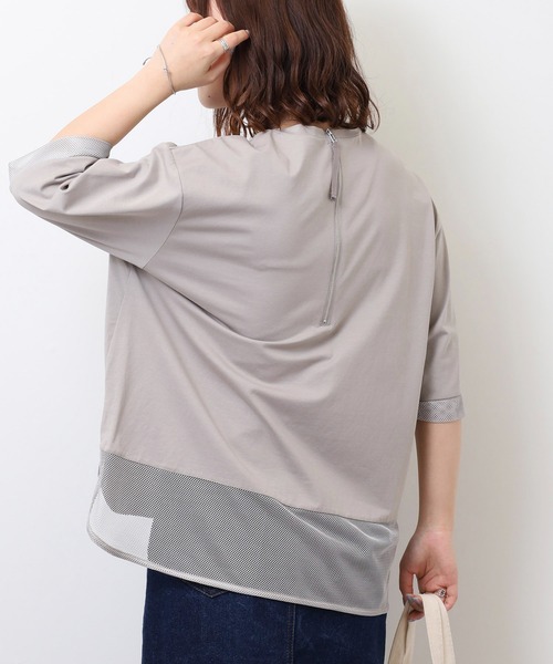 EGLANTINE(エグランティーヌ)の「EGLANTINE ブラウスANC スパンコールロゴTシャツ メッシュ切り替えバックファスナー半袖カットソー(Tシャツ/カットソー・レディース・ブラック/オフホワイト/グレー/ブルー・40)」の20枚目の写真