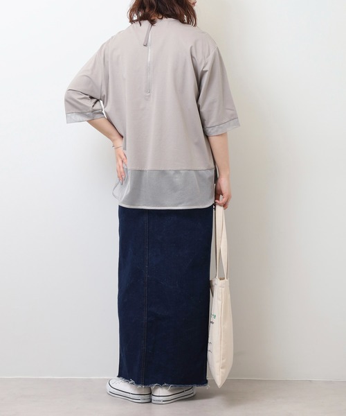 EGLANTINE(エグランティーヌ)の「EGLANTINE ブラウスANC スパンコールロゴTシャツ メッシュ切り替えバックファスナー半袖カットソー(Tシャツ/カットソー・レディース・ブラック/オフホワイト/グレー/ブルー・40)」の22枚目の写真