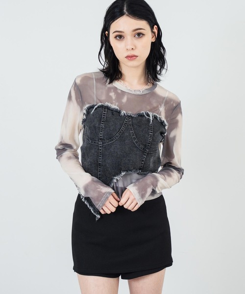 ANAP(アナップ)の「デニムビスチェ ドッキング シアートップス(Tシャツ/カットソー・レディース・カーキ/ブラック・FREE)」の1枚目の写真