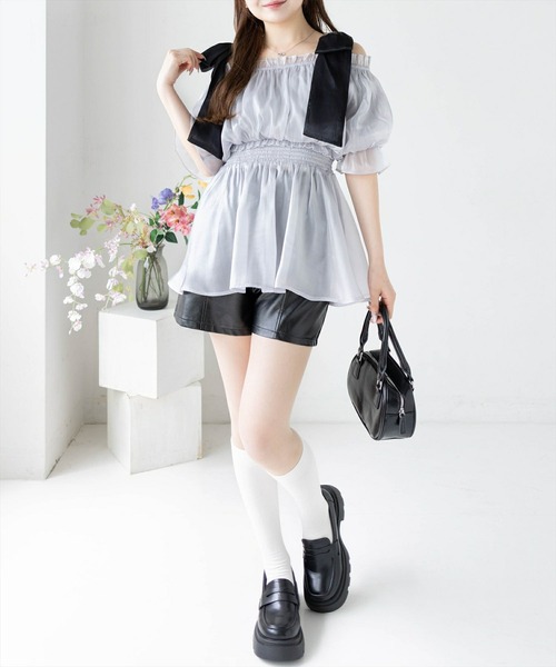 clear（クリア）の「無地&柄肩リボンペプラムブラウス[バレエコア ガーリー レイヤード]≪2025SS新作≫（シャツ/ブラウス・レディース・グレー/ピンク/ホワイト系その他・F）」の6枚目の写真