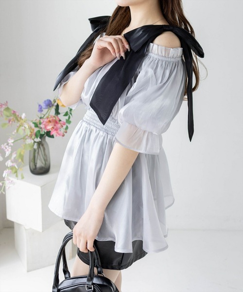 clear（クリア）の「無地&柄肩リボンペプラムブラウス[バレエコア ガーリー レイヤード]≪2025SS新作≫（シャツ/ブラウス・レディース・グレー/ピンク/ホワイト系その他・F）」の5枚目の写真