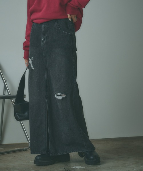 BLANK　（ブランク）の「Crushed long Denim Skirt / ダメージロングデニムスカート（デニムスカート・レディース・ブルー/ライトブルー/ブラック・S）」の2枚目の写真