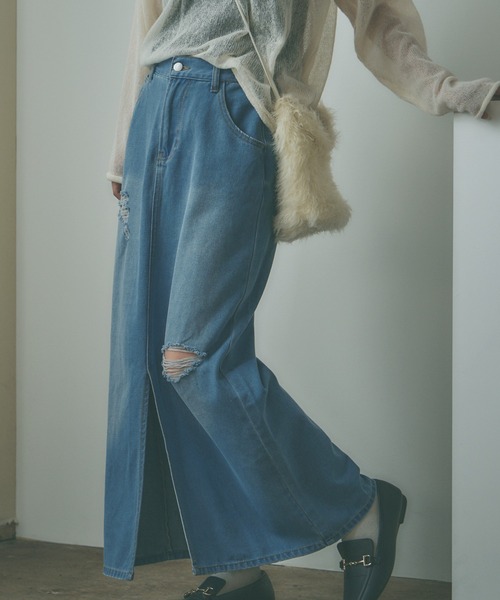 BLANK　（ブランク）の「Crushed long Denim Skirt / ダメージロングデニムスカート（デニムスカート・レディース・ブルー/ライトブルー/ブラック・S）」の9枚目の写真