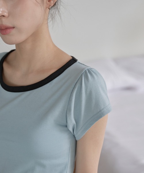 UNE MANSION(ユヌマンション)の「【UNE ORIGINAL】フラワーギンガムチェックアップリケ刺繍バイカラーユニークパフ袖Tシャツカットソー(Tシャツ/カットソー・レディース・ホワイト/ブルー系その他・FREE)」の14枚目の写真