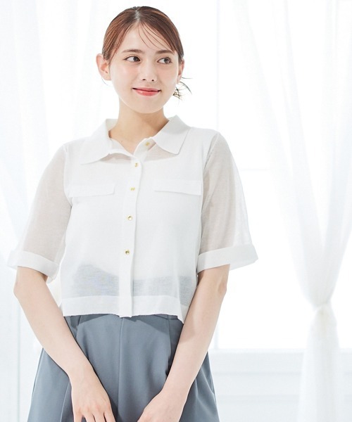 12Twelve Agenda(トゥエルブ アジェンダ)の「シアーシャツ風5分袖カーディガン(カーディガン/ボレロ・レディース・オフホワイト/グレー/ブラック・M)」の2枚目の写真