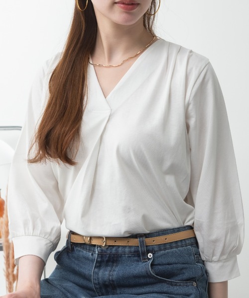 RCD(アールシーディー)の「ブラウス風タックスキッパー 七分丈Tシャツ(Tシャツ/カットソー・レディース・モカ/ホワイト/ブラック/グレイッシュベージュ/チャコールグレー・M-L/LL~3L/4L~5L)」の1枚目の写真
