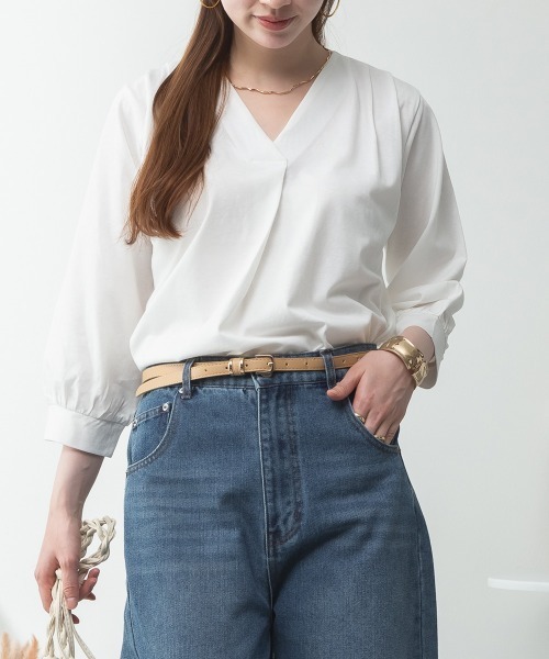 RCD(アールシーディー)の「ブラウス風タックスキッパー 七分丈Tシャツ(Tシャツ/カットソー・レディース・モカ/ホワイト/ブラック/グレイッシュベージュ/チャコールグレー・M-L/LL~3L/4L~5L)」の7枚目の写真