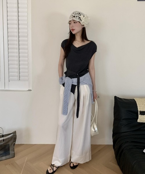 Ritzy(リッツィー)の「ドレーピーネック リボン付き 半袖ニットトップ(シャツ/ブラウス・レディース・アイボリー/グレー/ブラック・FREE)」の5枚目の写真