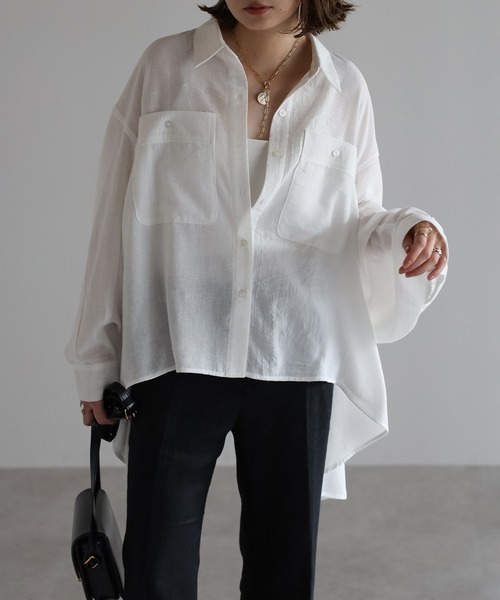 Bonjour Sagan（ボンジュールサガン）の「リネンライクフレアシャツ（シャツ/ブラウス・レディース・ライトベージュ/ネイビー/オフホワイト・FREE）」の4枚目の写真