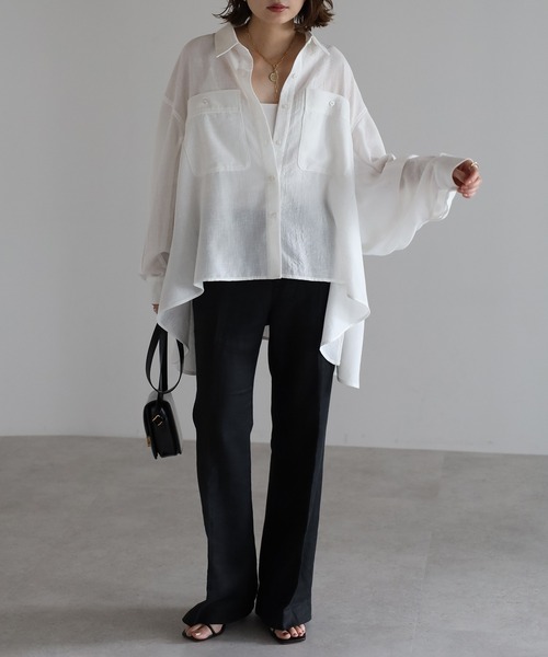 Bonjour Sagan（ボンジュールサガン）の「リネンライクフレアシャツ（シャツ/ブラウス・レディース・ライトベージュ/ネイビー/オフホワイト・FREE）」の6枚目の写真