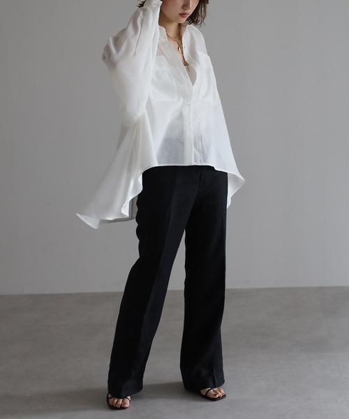 Bonjour Sagan（ボンジュールサガン）の「リネンライクフレアシャツ（シャツ/ブラウス・レディース・ライトベージュ/ネイビー/オフホワイト・FREE）」の7枚目の写真