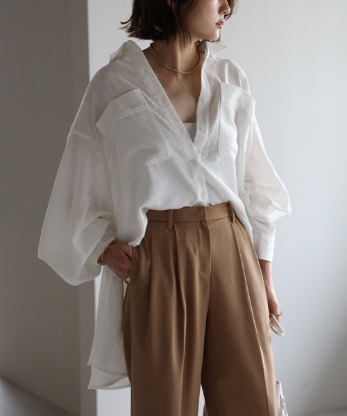 Bonjour Sagan（ボンジュールサガン）の「リネンライクフレアシャツ（シャツ/ブラウス・レディース・ライトベージュ/ネイビー/オフホワイト・FREE）」の9枚目の写真