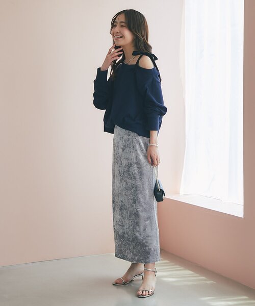 La boutique BonBon ミニ裏毛オフショルリボンプルオーバー オトナガーリー】ミニ裏毛オフショルリボンプルオーバー