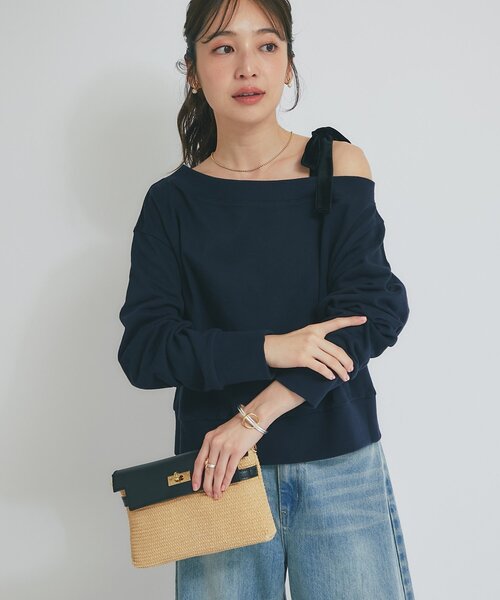 La boutique BonBon(ラブティックボンボン)の「【今すぐお届け!miki監修カラーあり】ミニ裏毛オフショルリボンプルオーバー(スウェット・レディース・ライトグレー/ネイビー/ホワイト・FREE)」の14枚目の写真