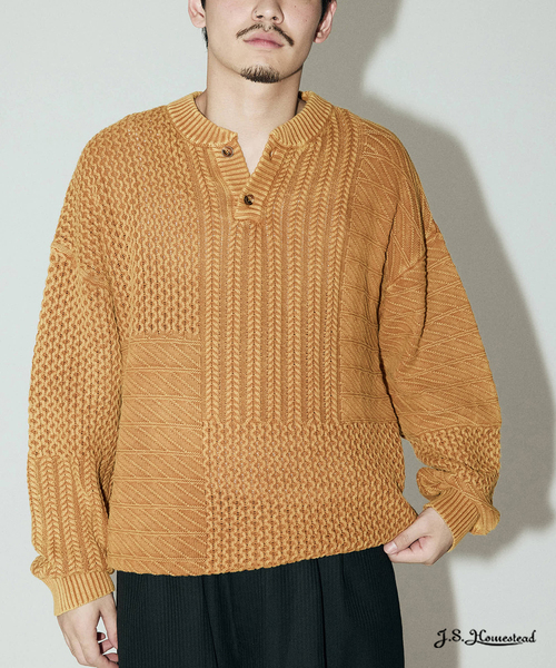 J.S.Homestead / ストーン ウォッシュ ケーブル ヘンリーネック ニット