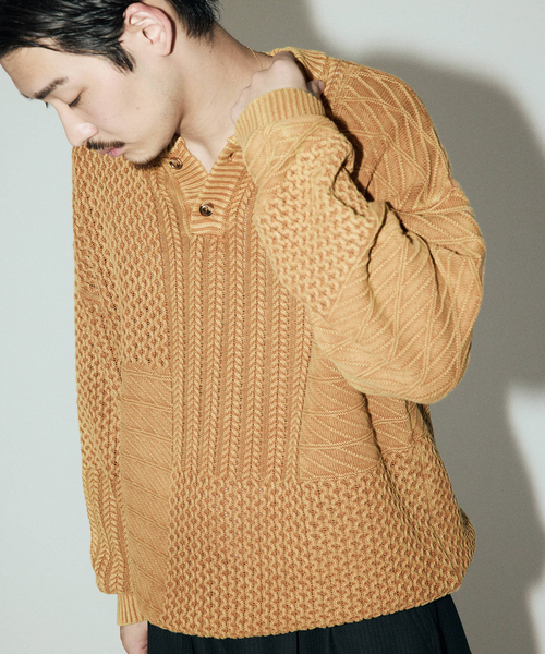 J.S.Homestead / ストーン ウォッシュ ケーブル ヘンリーネック ニット