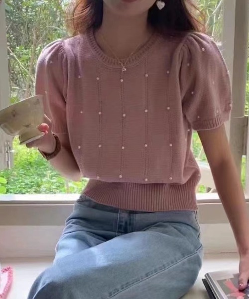 Per sist ence（パーシエンス）の「パールニットトップス（Tシャツ/カットソー・レディース・ホワイト/グリーン/ピンク/ブラック/ブルー・FREE）」の5枚目の写真