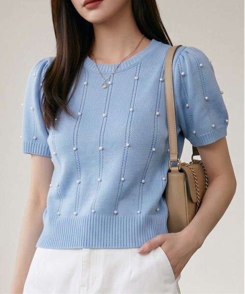 Per sist ence（パーシエンス）の「パールニットトップス（Tシャツ/カットソー・レディース・ホワイト/グリーン/ピンク/ブラック/ブルー・FREE）」の4枚目の写真