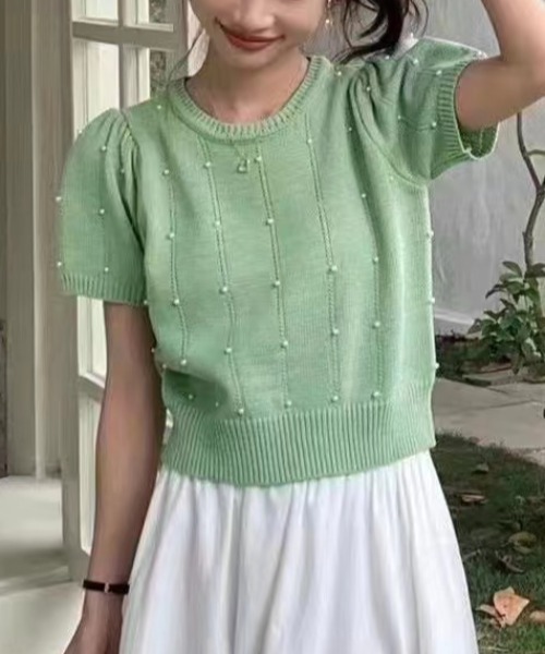 Per sist ence（パーシエンス）の「パールニットトップス（Tシャツ/カットソー・レディース・ホワイト/グリーン/ピンク/ブラック/ブルー・FREE）」の3枚目の写真