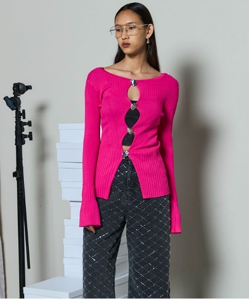 Button Slit 2way Knit Tops/ボタンスリット2WAYニット(ニット Button Slit 2way Knit Tops/ボタンスリット2WAYニット(ニット