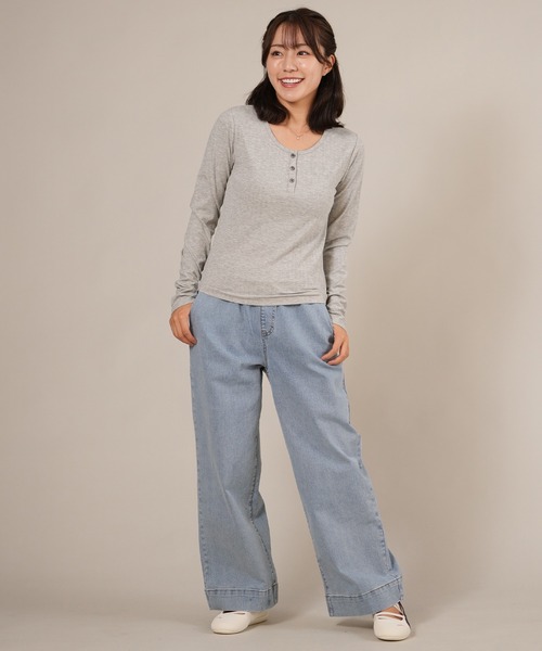 ムラサキスポーツ(ムラサキスポーツ)の「RIKKA FEMME/リッカファム ヘンリーネックロンT RF25FW03(Tシャツ/カットソー・レディース・カーキ/グレー/サックスブルー・M/L/S/M)」の6枚目の写真