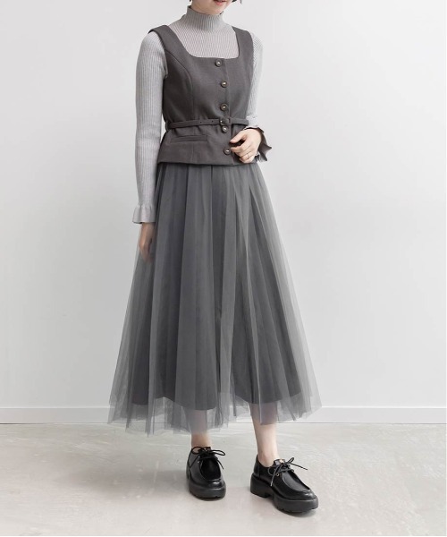 グレー 長袖 ドレス チュールスカート アニュアンス anuans チュールボリュームスカート （CHARCOALGREY