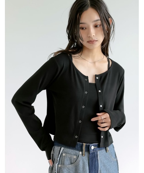 Re:EDIT（リエディ）の「[接触冷感][2点セット]リブカットソーキャミ×カーディガン（Tシャツ/カットソー・レディース・ブラック/アイボリー・MEDIUM/LARGE）」の2枚目の写真