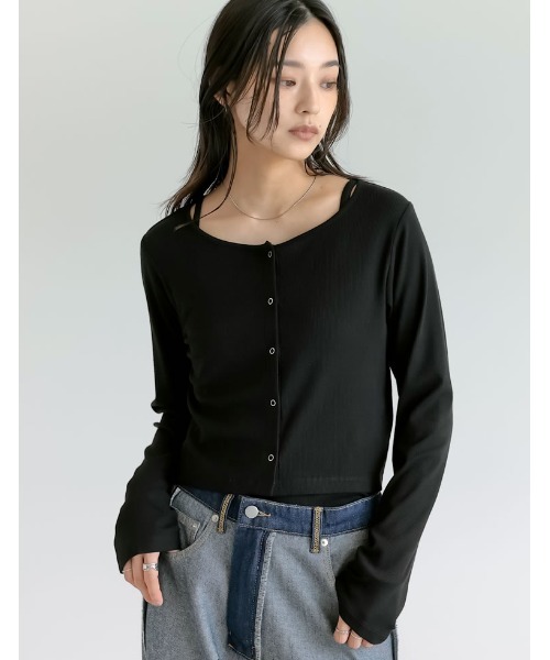 Re:EDIT（リエディ）の「[接触冷感][2点セット]リブカットソーキャミ×カーディガン（Tシャツ/カットソー・レディース・ブラック/アイボリー・MEDIUM/LARGE）」の4枚目の写真