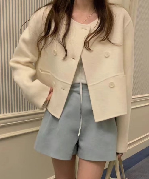 セール】ショート丈メルトンコート（ノーカラーコート）｜Diosfront