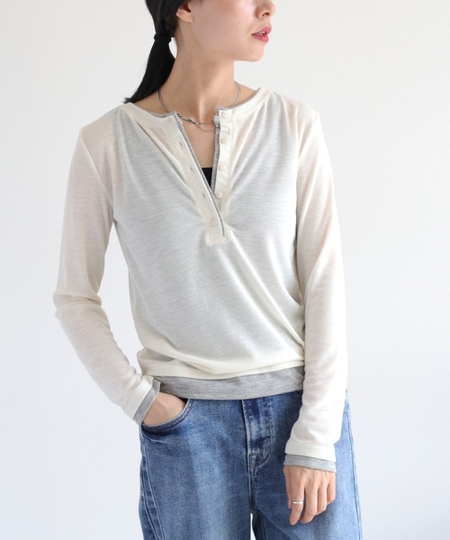 cepo(セポ)の「レイヤードヘンリーネックニット(Tシャツ/カットソー・レディース・ブラック/オフホワイト/ブラウン・M)」の1枚目の写真