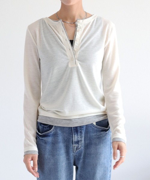 cepo(セポ)の「レイヤードヘンリーネックニット(Tシャツ/カットソー・レディース・ブラック/オフホワイト/ブラウン・M)」の12枚目の写真