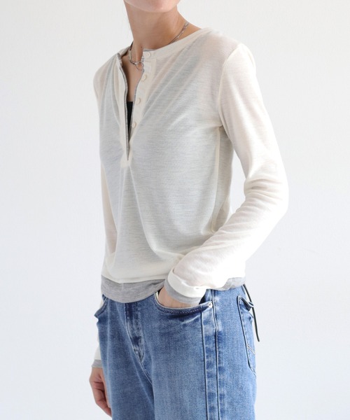 cepo(セポ)の「レイヤードヘンリーネックニット(Tシャツ/カットソー・レディース・ブラック/オフホワイト/ブラウン・M)」の8枚目の写真