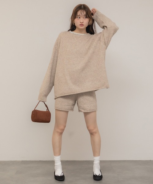 セール】オーバーサイズクルーネックニットトップス/ブラック グレー