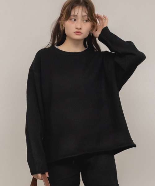 セール】オーバーサイズクルーネックニットトップス/ブラック グレー