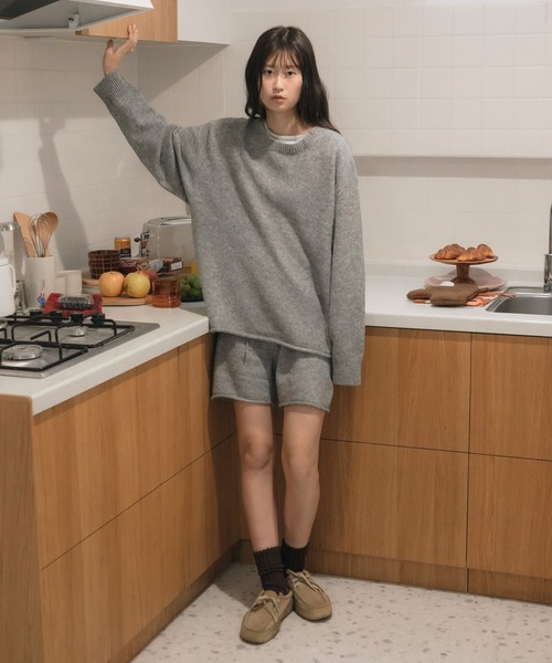 セール】オーバーサイズクルーネックニットトップス/ブラック グレー