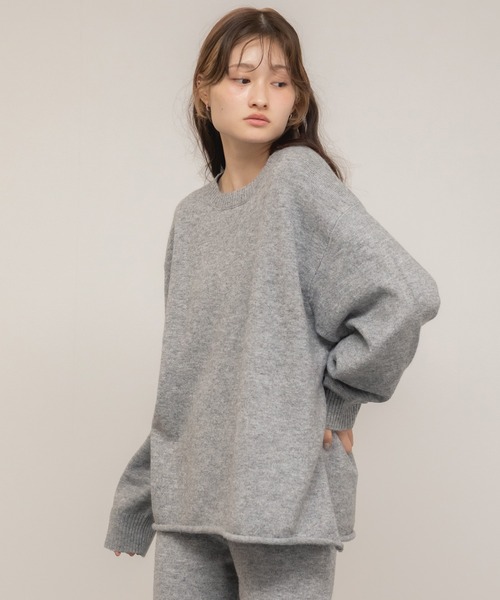 セール】オーバーサイズクルーネックニットトップス/ブラック グレー