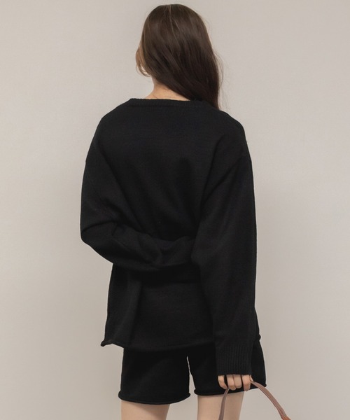 セール】オーバーサイズクルーネックニットトップス/ブラック グレー