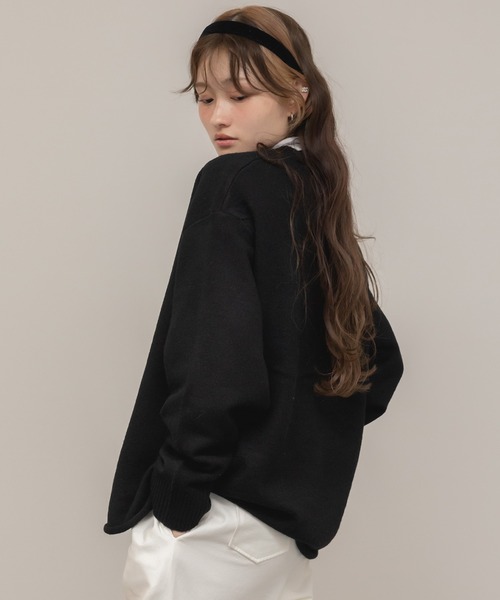 セール】オーバーサイズクルーネックニットトップス/ブラック グレー