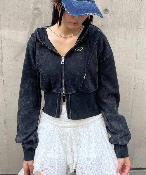 セール】プレート付きピグメントショート丈ジップパーカー（パーカー